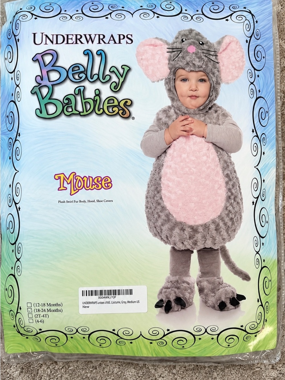 Underwraps Belly Babies Mouse Costume 18-24 Months Gray Pink Plush Baby Toddler